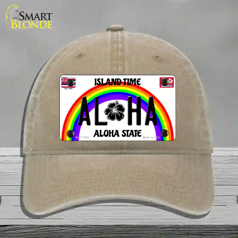 Aloha Hawaii Island Time Novelty License Plate Hat Unconstructed Cotton / Khaki