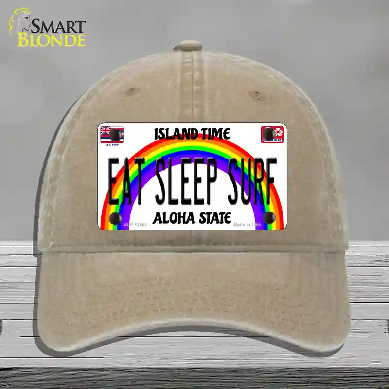 Eat Sleep Surf Hawaii Novelty License Plate Hat Unconstructed Cotton / Khaki