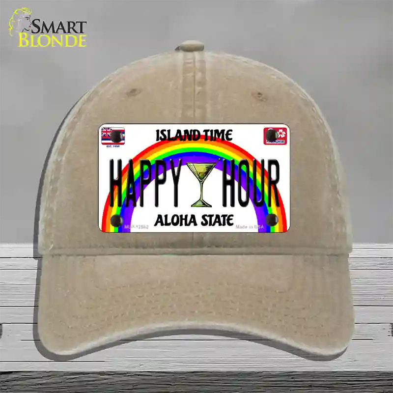 Happy Hour Hawaii Novelty License Plate Hat Unconstructed Cotton / Khaki