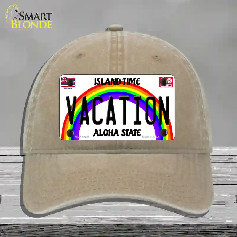 Vacation Hawaii Novelty License Plate Hat Unconstructed Cotton / Khaki