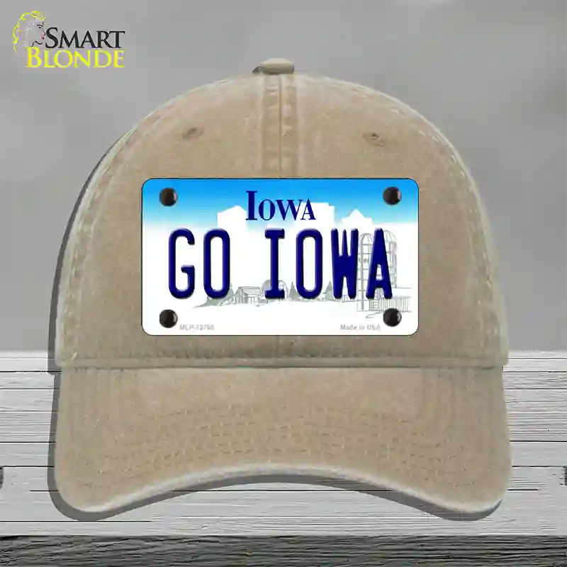 Go Iowa Novelty License Plate Hat Tag Unconstructed Cotton / Khaki