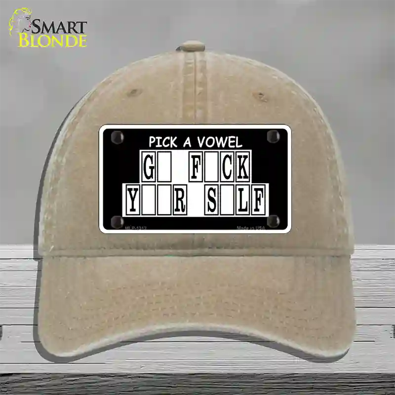 Pick A Vowel Novelty License Plate Hat Unconstructed Cotton / Khaki