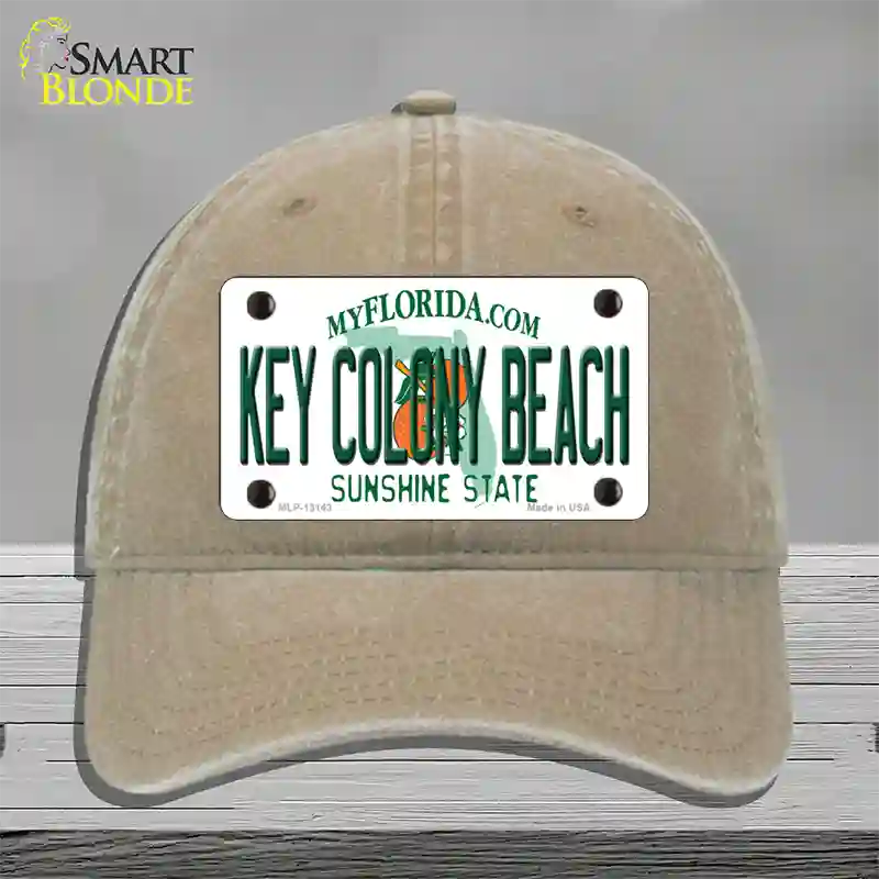 Key Colony Beach Florida Novelty License Plate Hat Unconstructed Cotton / Khaki