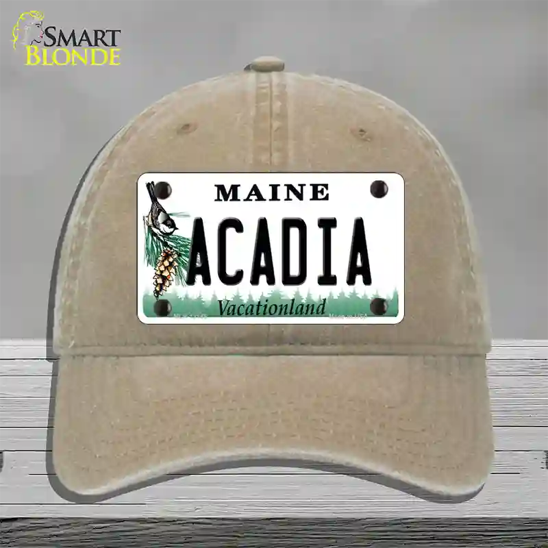 Acadia Maine Novelty License Plate Hat Unconstructed Cotton / Khaki