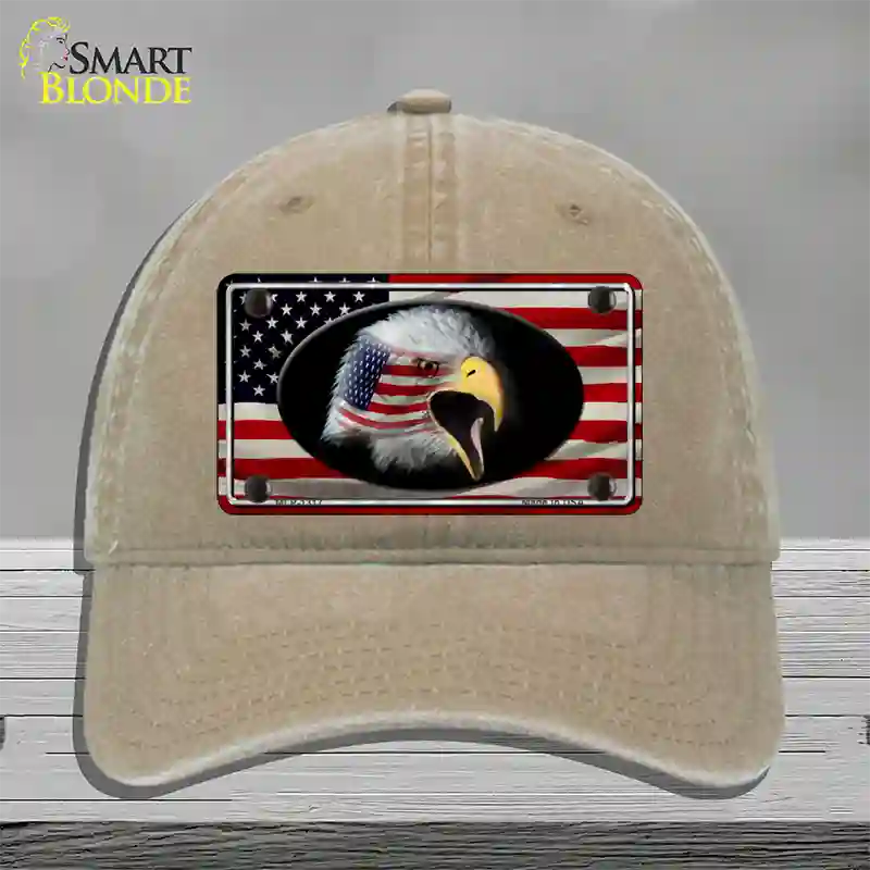 American Flag Eagle Novelty License Plate Hat Unconstructed Cotton / Khaki