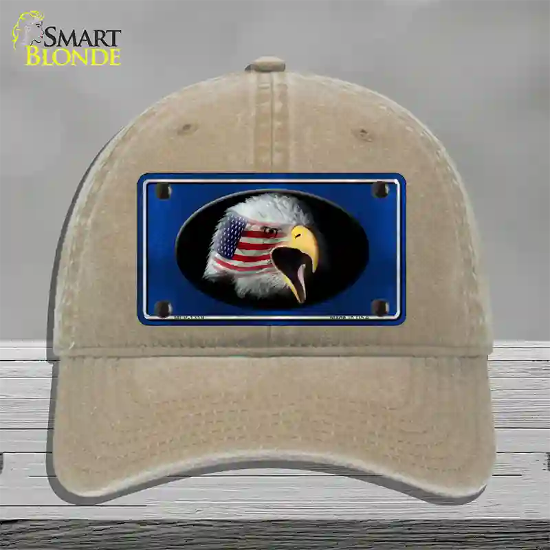 American Flag Eagle Blue Novelty License Plate Hat Unconstructed Cotton / Khaki