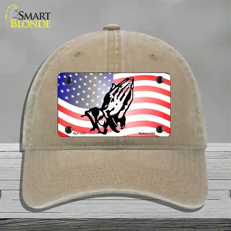 American Flag Praying Hands Novelty License Plate Hat Unconstructed Cotton / Khaki