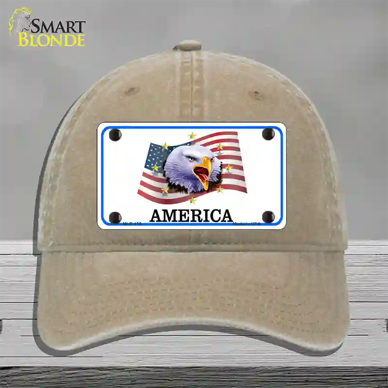 Waving Flag Bald Eagle Novelty License Plate Hat Unconstructed Cotton / Khaki