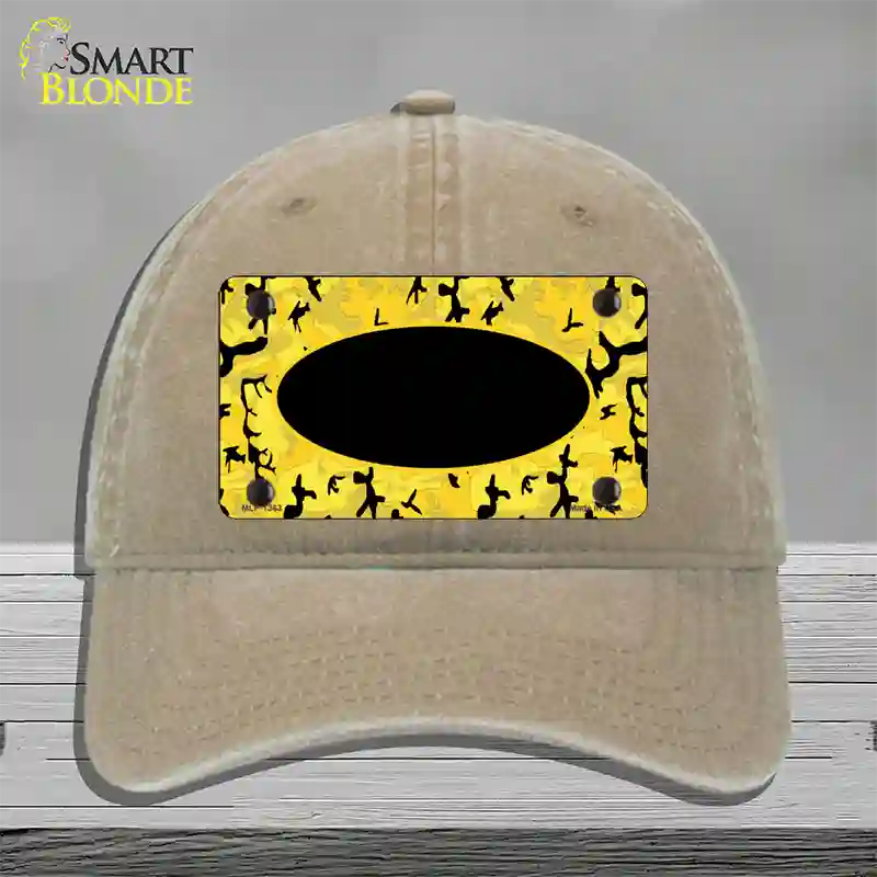 Yellow Black Camouflage With Black Center Oval Novelty License Plate Hat Unconstructed Cotton / Khaki