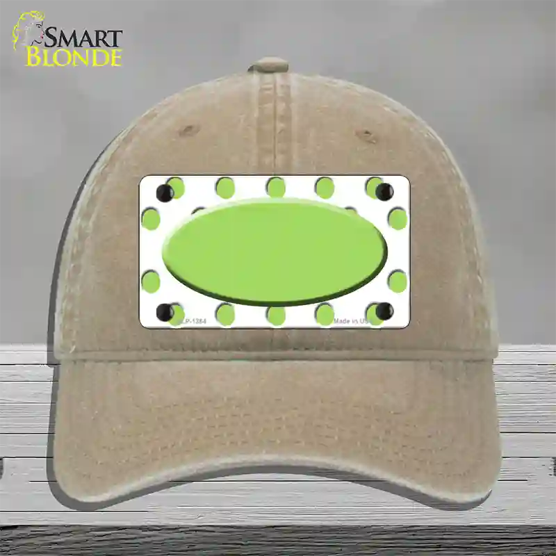 Lime Green White Polka Dot Center Oval Novelty License Plate Hat Unconstructed Cotton / Khaki