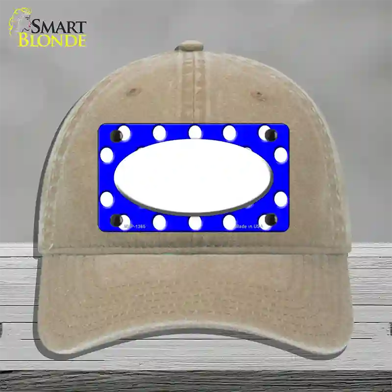 White Royal Blue Polka Dot Center Oval Novelty License Plate Hat Unconstructed Cotton / Khaki