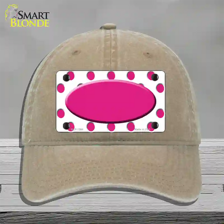 Hot Pink White Polka Dot Center Oval Novelty License Plate Hat Unconstructed Cotton / Khaki