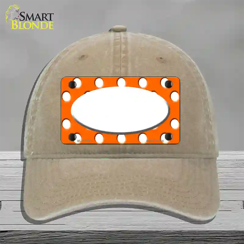 White Orange Polka Dots Center Oval Novelty License Plate Hat Unconstructed Cotton / Khaki