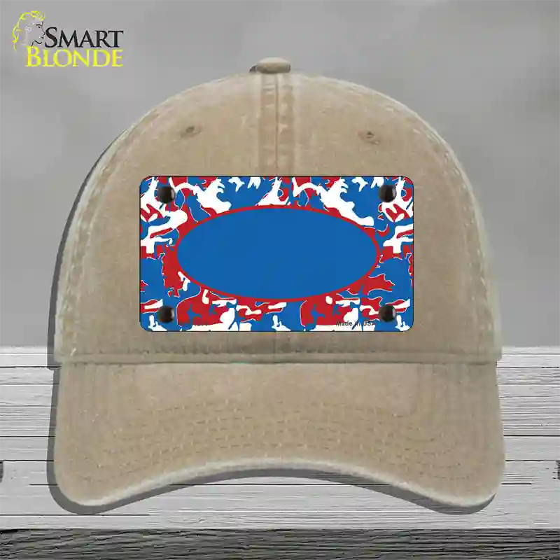 Patriotic Camouflage With Blue Center Oval Novelty License Plate Hat Unconstructed Cotton / Khaki