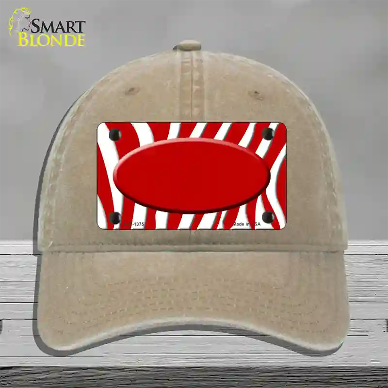 Red White Zebra Center Oval Novelty License Plate Hat Unconstructed Cotton / Khaki