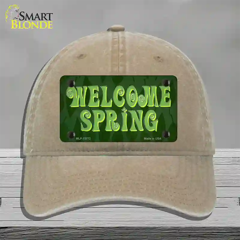 Welcome Spring Novelty License Plate Hat Tag Unconstructed Cotton / Khaki