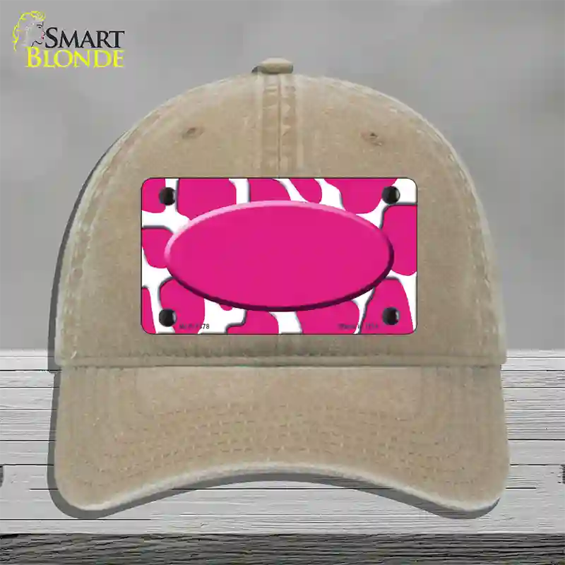 Pink White Giraffe Center Oval Novelty License Plate Hat Unconstructed Cotton / Khaki