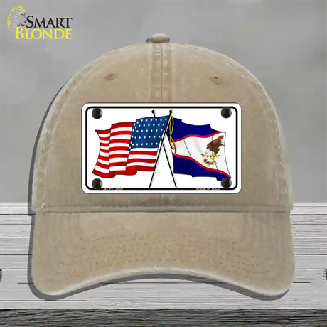 American Samoa USA Crossed Flags Novelty License Plate Hat Tag Unconstructed Cotton / Khaki