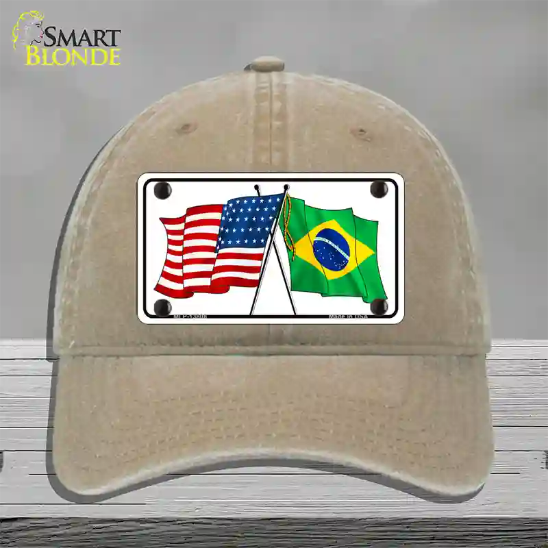 Brazil USA Crossed Flags Novelty License Plate Hat Tag Unconstructed Cotton / Khaki