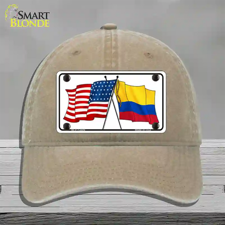 Colombia USA Crossed Flags Novelty License Plate Hat Tag Unconstructed Cotton / Khaki