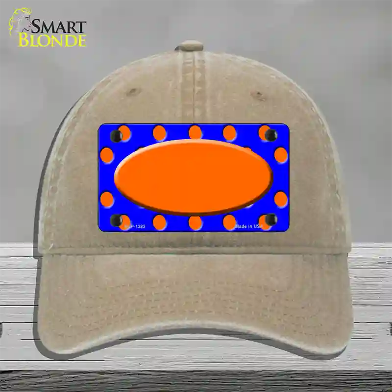 Orange Royal Blue Polka Dot Orange Center Oval Novelty License Plate Hat Unconstructed Cotton / Khaki