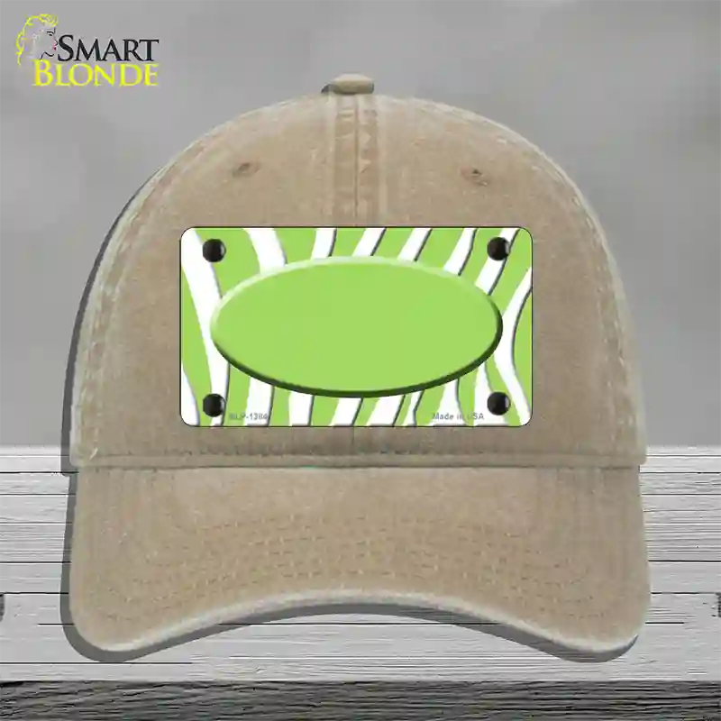 Lime Green White Zebra Center Oval Novelty License Plate Hat Unconstructed Cotton / Khaki