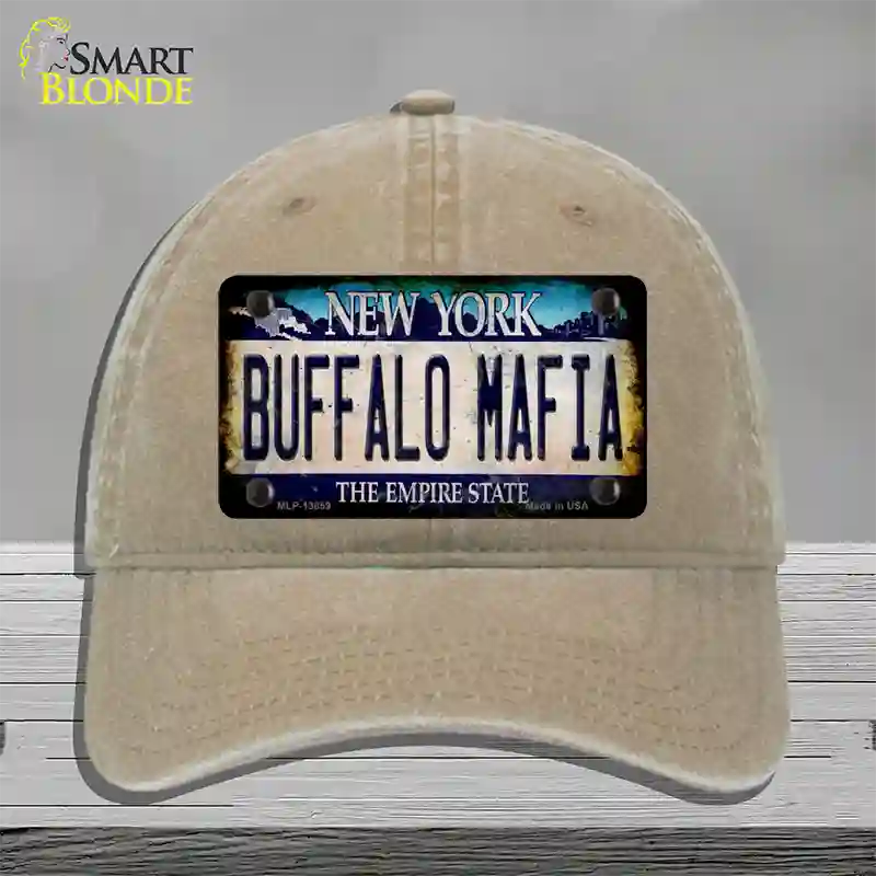 Buffalo Mafia NY Blue Rusty Novelty License Plate Hat Tag Unconstructed Cotton / Khaki