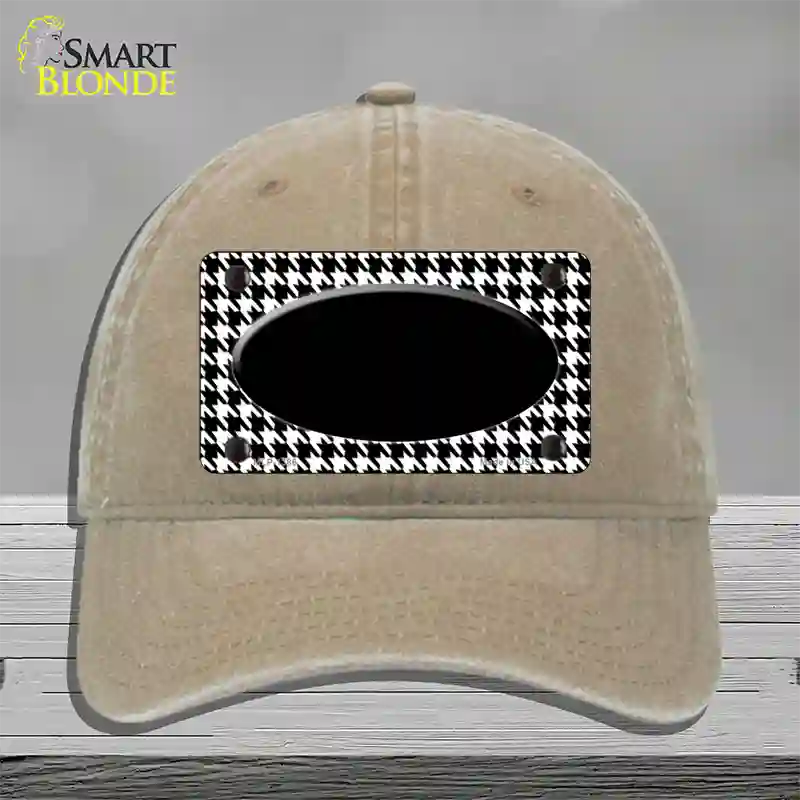 White Black Houndstooth Black Center Oval Novelty License Plate Hat Unconstructed Cotton / Khaki