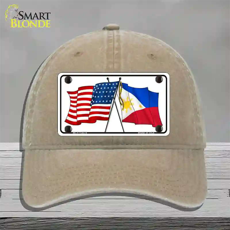 Philippines US Crossed Flag Novelty License Plate Hat Tag Unconstructed Cotton / Khaki