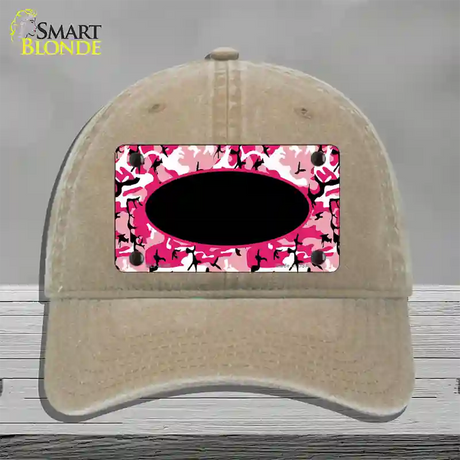 Pink Camo With Black Center Oval Novelty License Plate Hat Unconstructed Cotton / Khaki