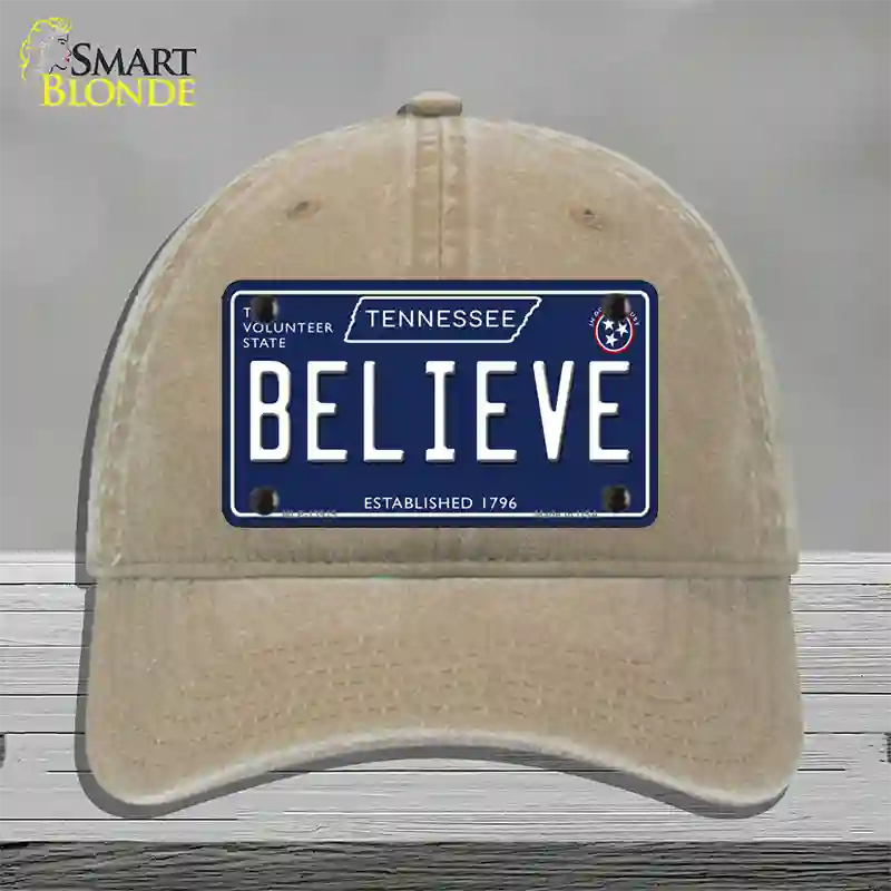 Believe Tennessee Blue Novelty License Plate Hat Tag Unconstructed Cotton / Khaki