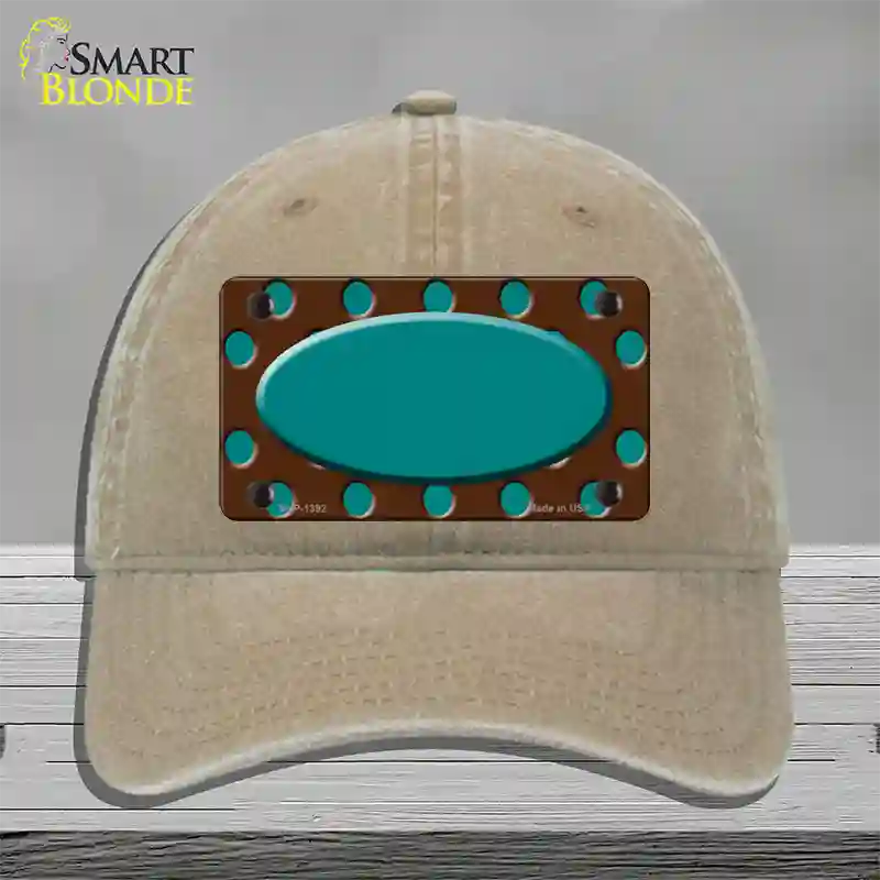 Teal Brown Polka Dot Center Oval Novelty License Plate Hat Unconstructed Cotton / Khaki