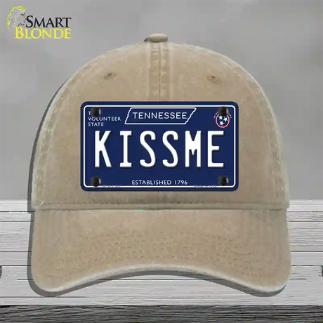 Kiss Me Tennessee Blue Novelty License Plate Hat Tag Unconstructed Cotton / Khaki