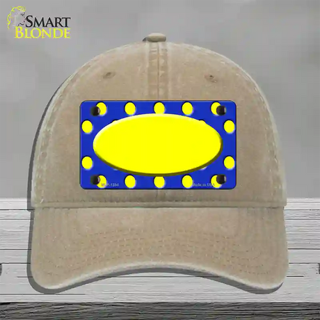 Yellow Royal Blue Polka Dot Center Oval Novelty License Plate Hat Unconstructed Cotton / Khaki