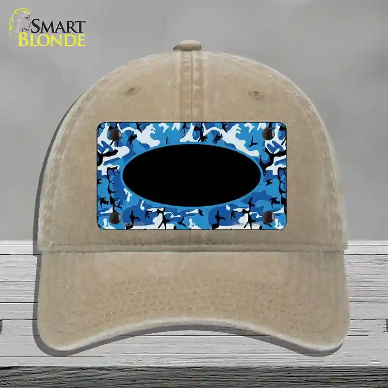 Blue Camo With Black Center Oval Novelty License Plate Hat Unconstructed Cotton / Khaki