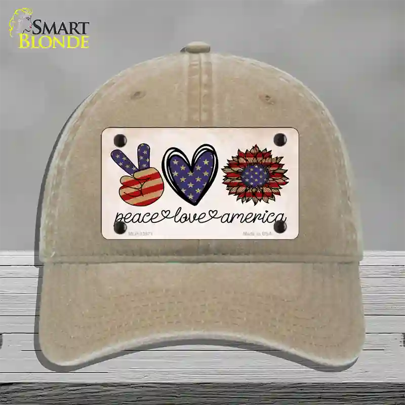 Peace Love America Novelty License Plate Hat Tag Unconstructed Cotton / Khaki