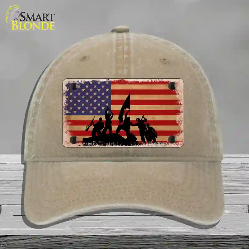 Grunge American Flag with Soldiers Novelty License Plate Hat Tag Unconstructed Cotton / Khaki