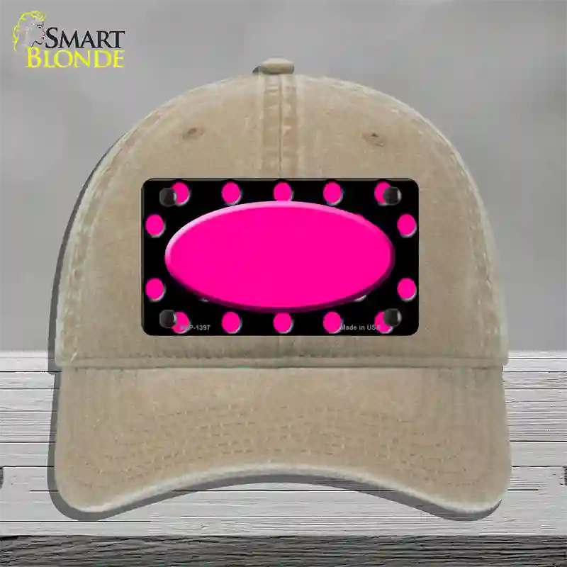 Pink Black Polka Dot Pink Center Oval Black Novelty License Plate Hat Unconstructed Cotton / Khaki