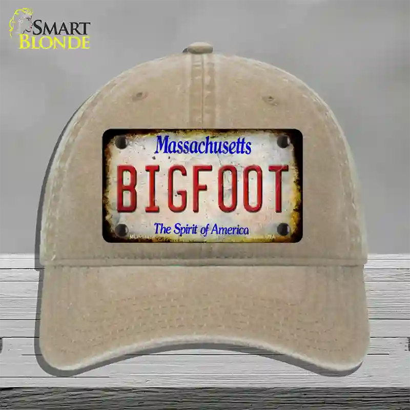 Bigfoot Massachusetts Novelty License Plate Hat Tag Unconstructed Cotton / Khaki