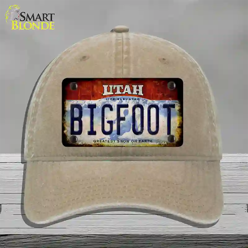 Bigfoot Utah Novelty License Plate Hat Tag Unconstructed Cotton / Khaki