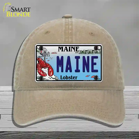 Maine Lobster Novelty License Plate Hat Unconstructed Cotton / Khaki