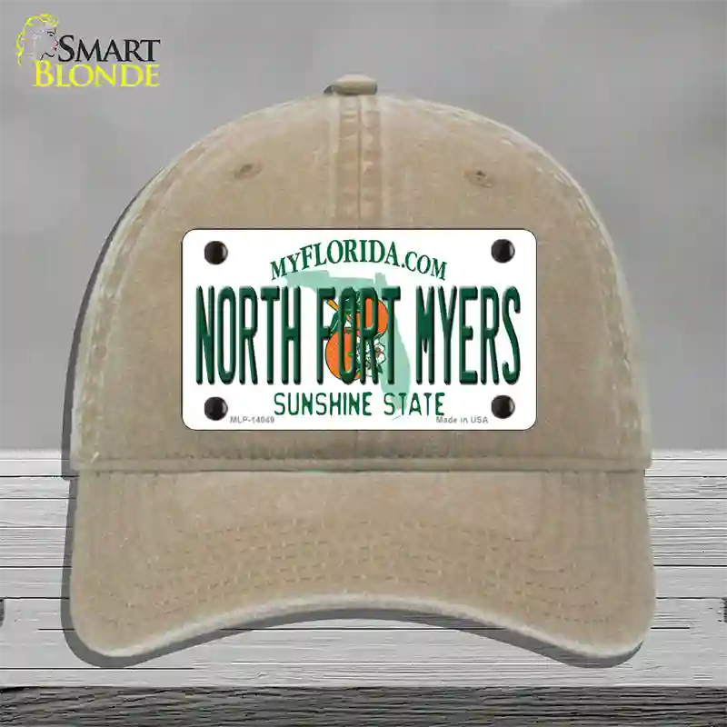 North Fort Myers Florida Novelty License Plate Hat Unconstructed Cotton / Khaki