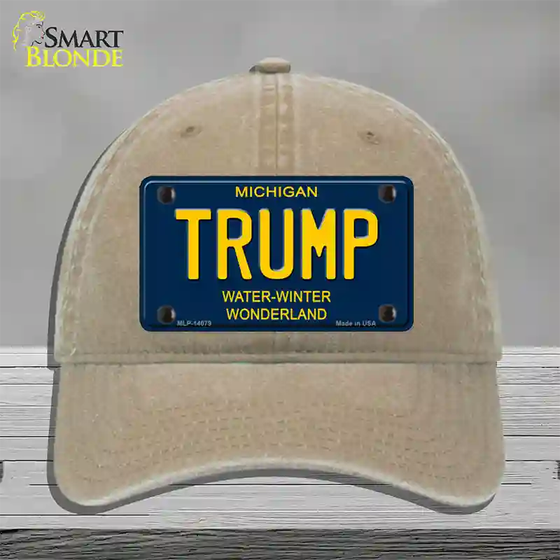 Trump Michigan Blue Novelty License Plate Hat Unconstructed Cotton / Khaki