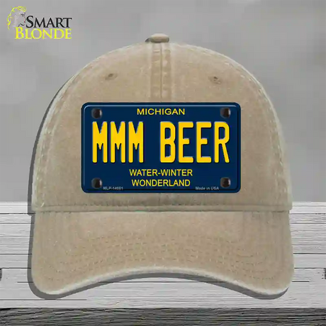 Mmm Beer Michigan Blue Novelty License Plate Hat Unconstructed Cotton / Khaki