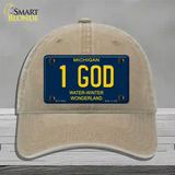 1 God Michigan Blue Novelty License Plate Hat Unconstructed Cotton / Khaki