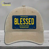 Blessed Michigan Blue Novelty License Plate Hat Unconstructed Cotton / Khaki