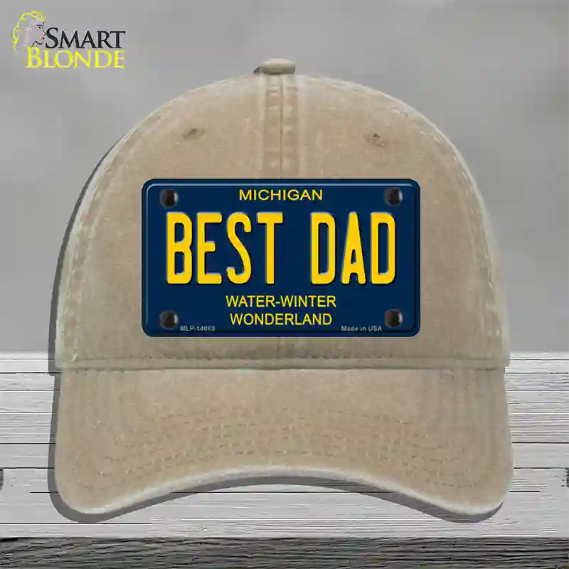 Best Dad Michigan Blue Novelty License Plate Hat Unconstructed Cotton / Khaki