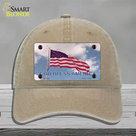 God Bless America Clouds Novelty License Plate Hat Unconstructed Cotton / Khaki