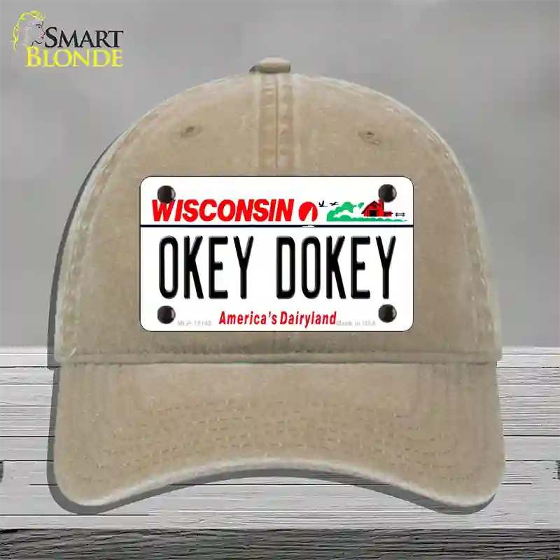 Okey Dokey Wisconsin State Background Novelty License Plate Hat Unconstructed Cotton / Khaki