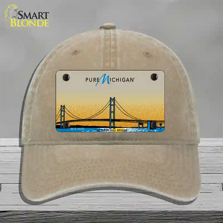 Pure Michigan Mackinac Bridge Novelty License Plate Hat Unconstructed Cotton / Khaki